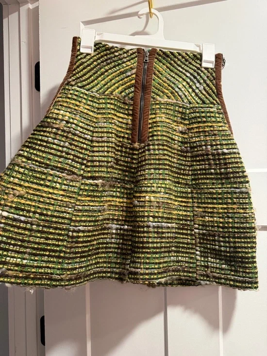 Etro Green Tweed Circle Skirt with Brown Side Panels - Picture 3 of 12